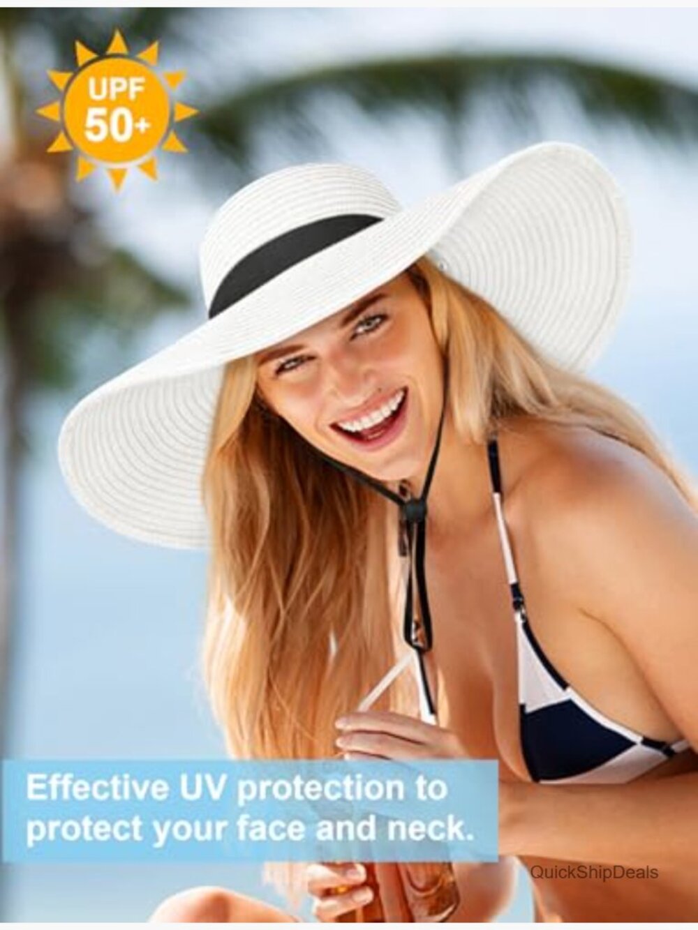 Oversize Wide Brim Floppy Straw Beach Hat UPF 50+ Foldable Roll-Up Sun Hat - Picture 5 of 7